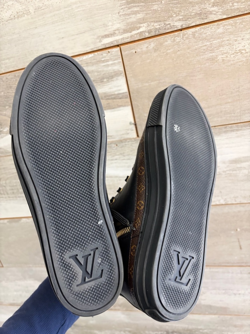 Authentic Louis Vuitton Black Leather High-Top Sneakers with Monogram Trim - Picture 13 of 14
